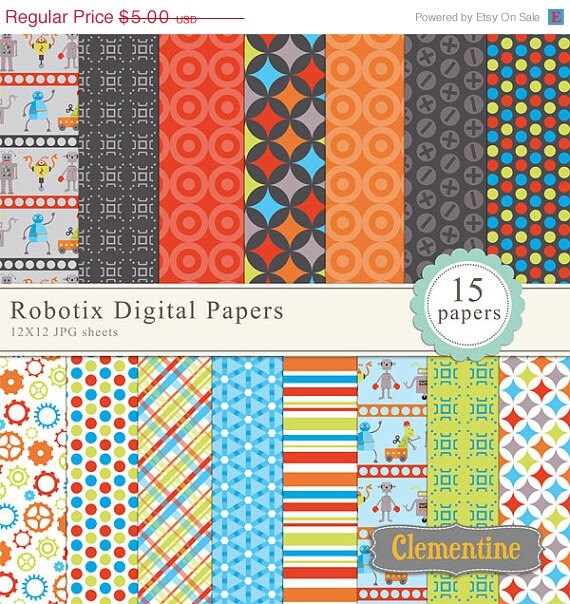 40% OFF SALE Robot digital paper 12x12, digital scrapbook paper, commercial use- Instant Download Il_570xn