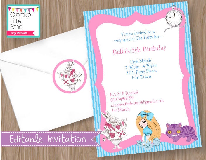 Alice in Wonderland Invitation - Editable 5"x7" Invite and envelope stickers - Instant Download Il_570xn
