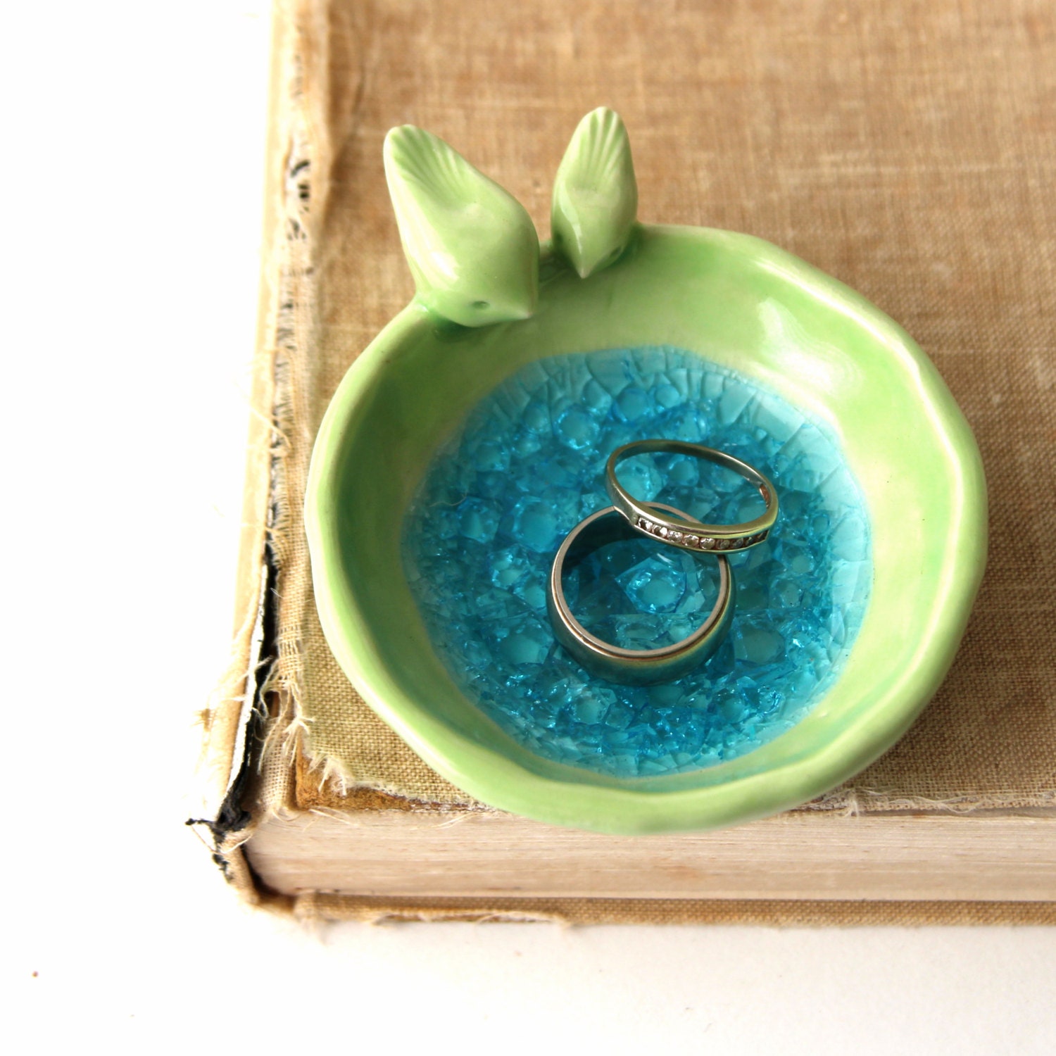 Love Birds Bath - Crackle Aqua Glass - Ring Catcher Home Decor - OOAK Apple Green - Ready to Ship