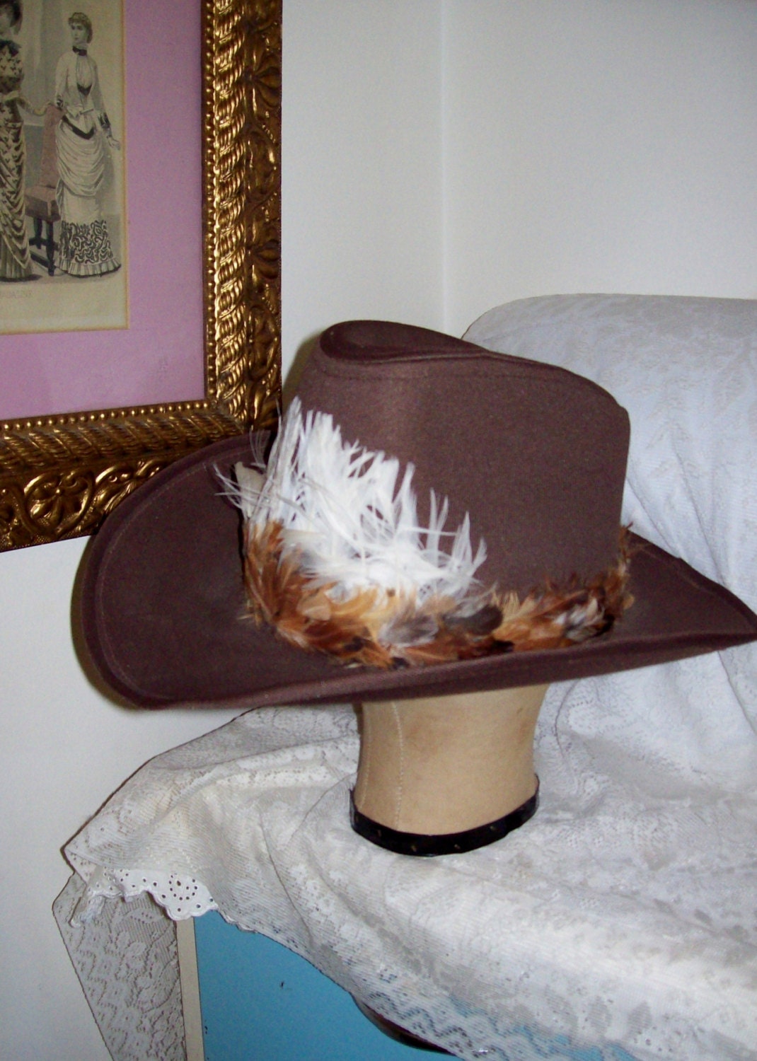 Vintage Men's Cowboy Hat with Feather Hatband Size by SusOriginals