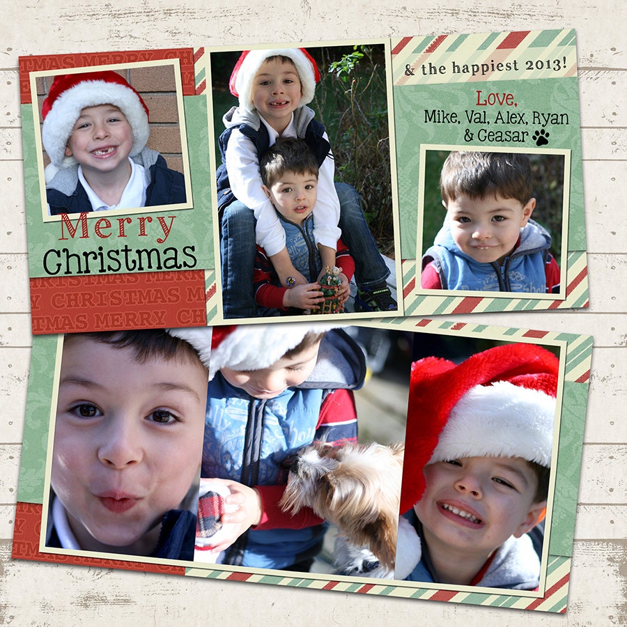 Christmas Photo Card - Slimline 4X8 printable download - 3 Photo - Merry Christmas, Reds and Greens Design, Custom, 2 Sided Il_570xn