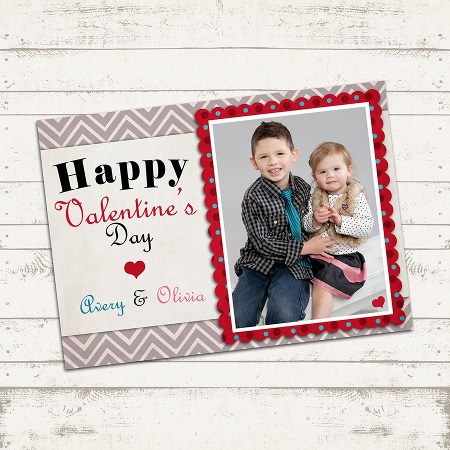 Valentine's Day Photo Card - Customized 5X7 printable download - Happy Valentine's Day - Quatrefoil or Chevron pattern design, family card Il_570xn