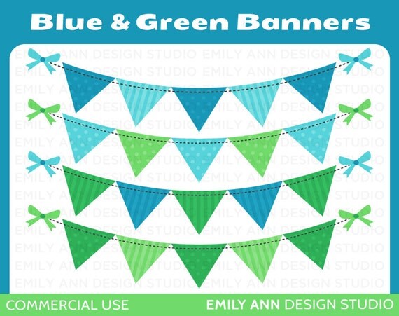 Bunting Banner Blue Green Polka Dot Stripes Cute Clip Art - Commercial Use - Scrapbooking Invitations Cards - Instant Download Il_570xn