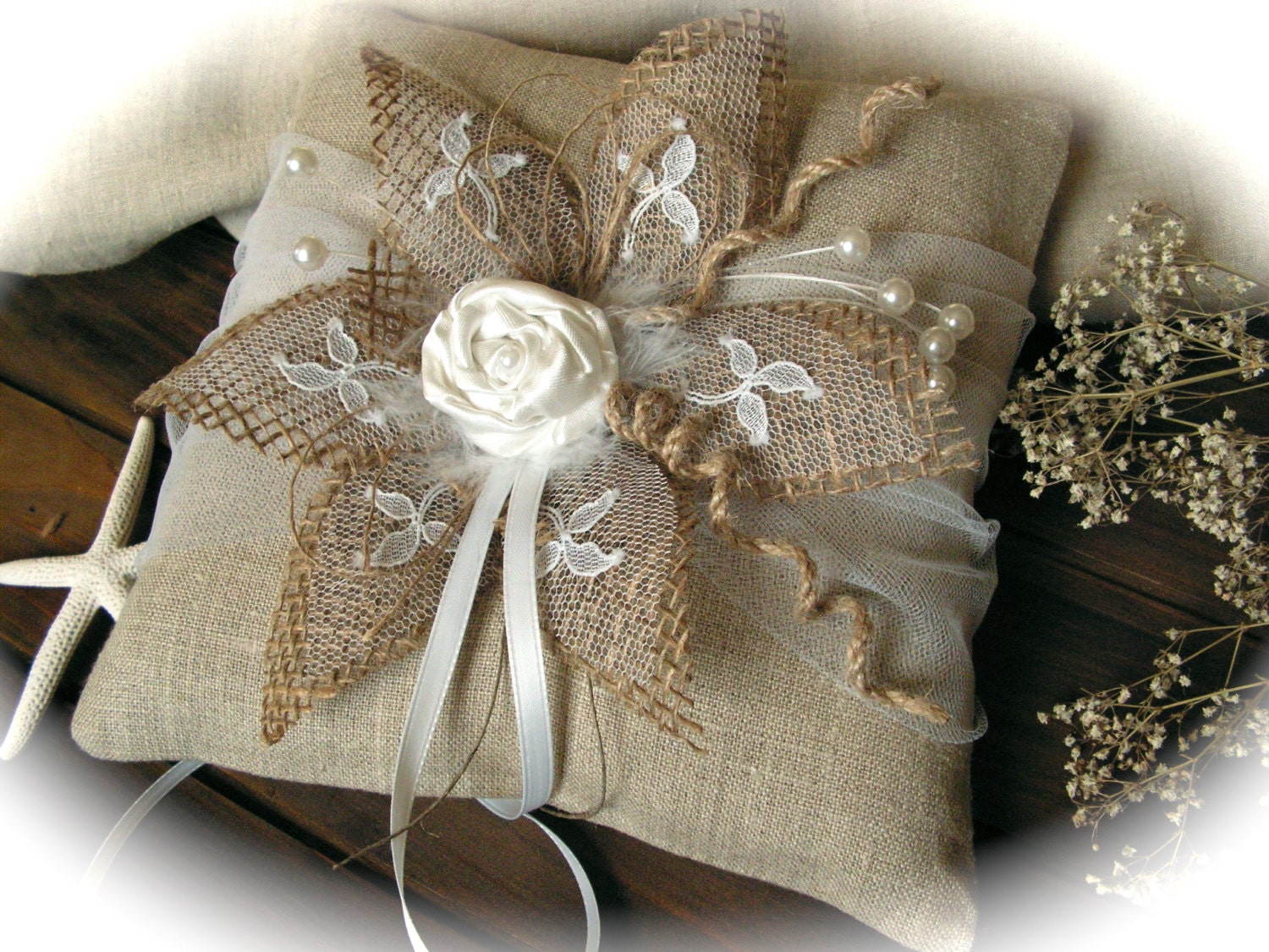 Rustic Chic Wedding ring bearer pillow with rope, lace, pearl and handmade burlap flower