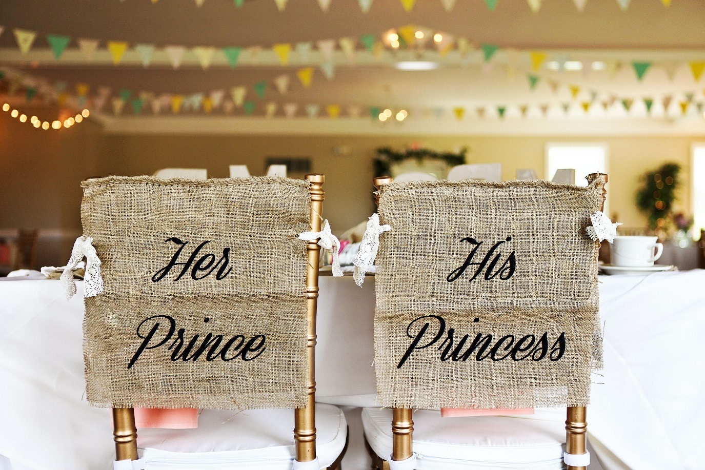 Rustic Burlap Prince & Princess Wedding Chair Cover Signs in White or Black