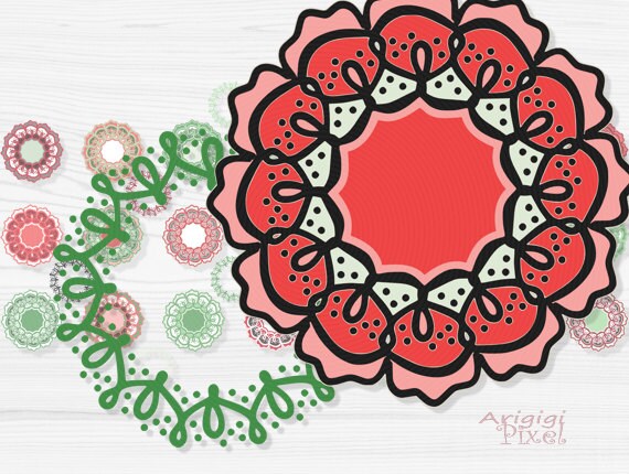 retro flowers clip art set, funky wreaths, photoshop elements, small business use, Christmas colors, instant download Il_570xn