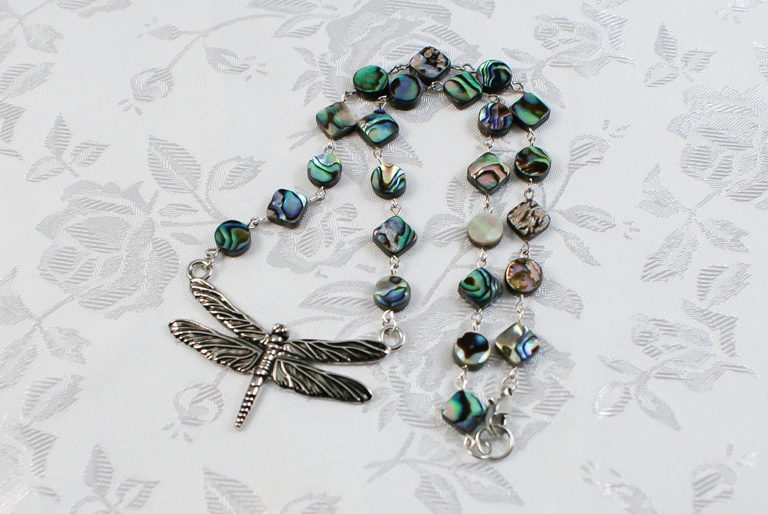Dragonfly abalone necklace, dragonfly necklace, abalone necklace, dragonfly jewelry, metal dragonfly, abalone jewelry, abalone dragonfly - JavaJaneJewelry
