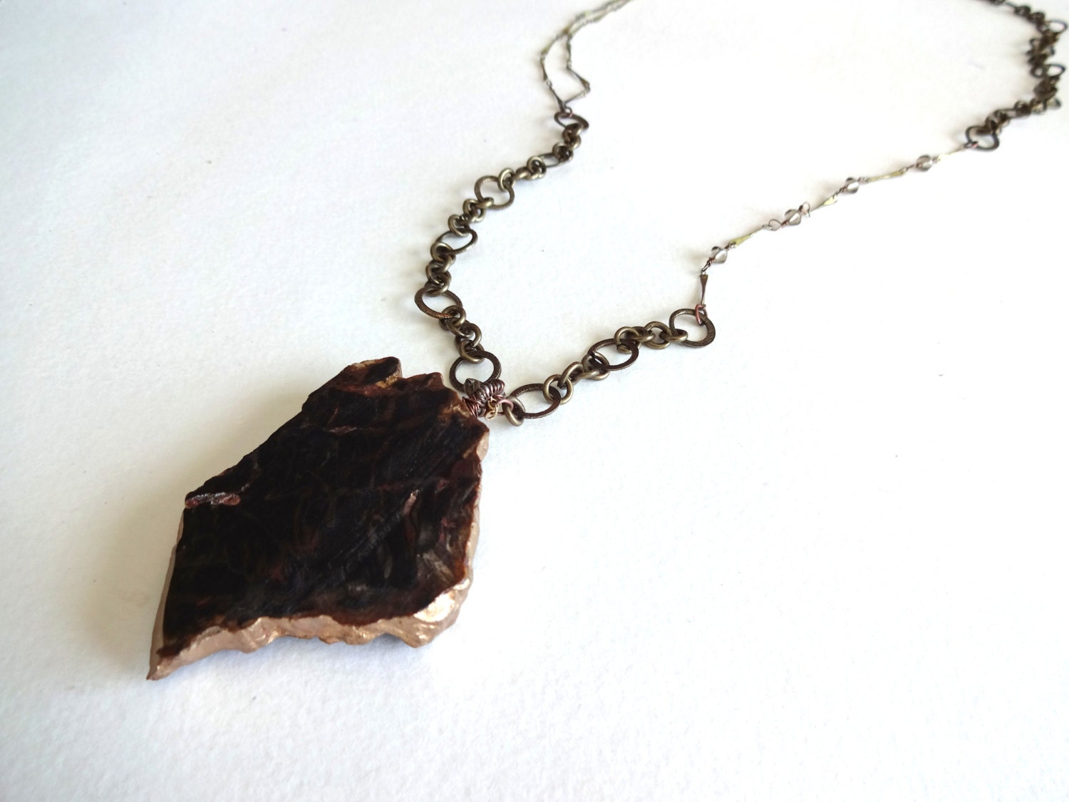 Long Gold Leaf Painted Petrified Wood Pendant and Mixed Metals Chain - KalosandCo