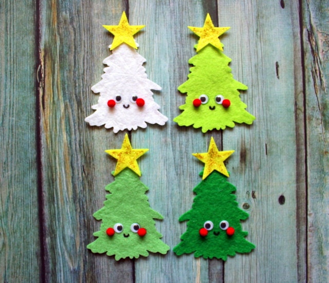 CHRISTMAS TREE CUTIES; 1 x Large 4" Cute Handmade Cartoon Cutie Felt Tree Embellishment for Scrapbooking and diy projects - byChantalVandenberg