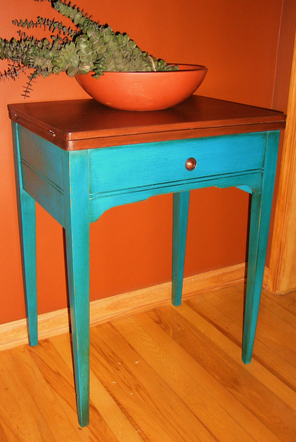 Turquoise and Teal Table/Repurposed Sewing Machine Table/Side Table/Nightstand - TheRusticRiver