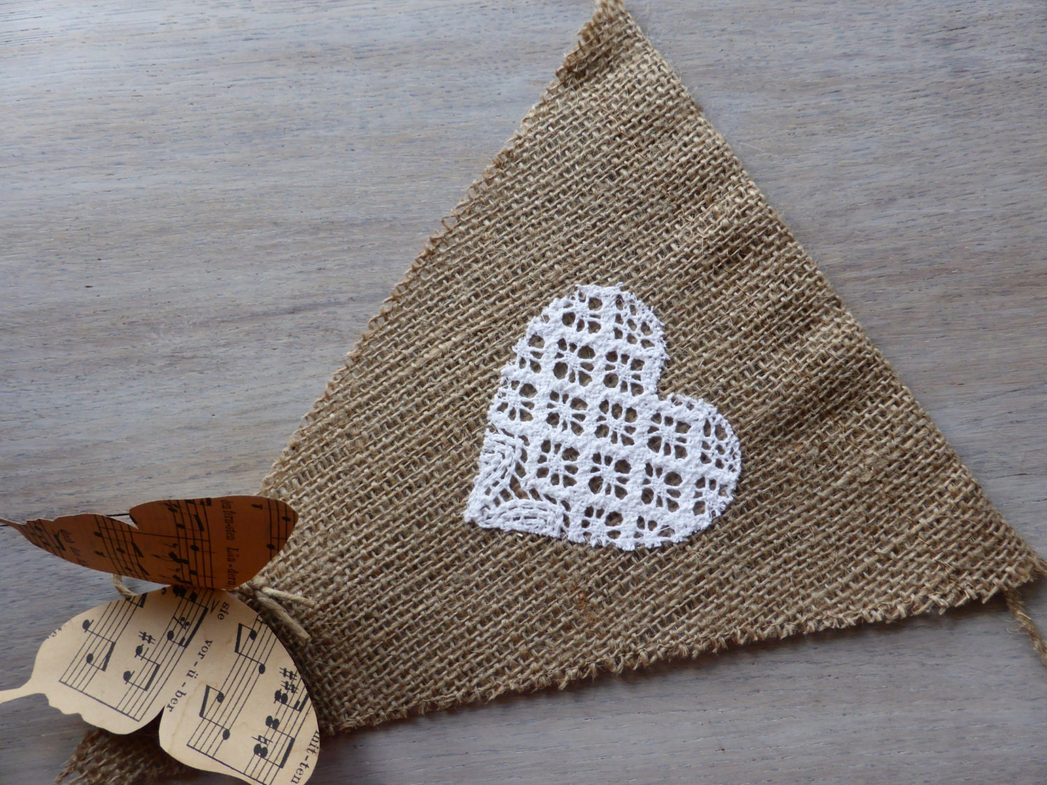 Big bunting burlap flags elements / pennants / triangle with heart aplication - finished -diferent pattern