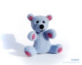 Needle felted collectible blue teddy bear named Bobby art bear felt pink patch - izzabela