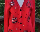 Ugly Christmas sweater. Red knit cardigan. Black sequins and beads. Top for Xmas. Holiday Clothing. - Purl1VintageToo