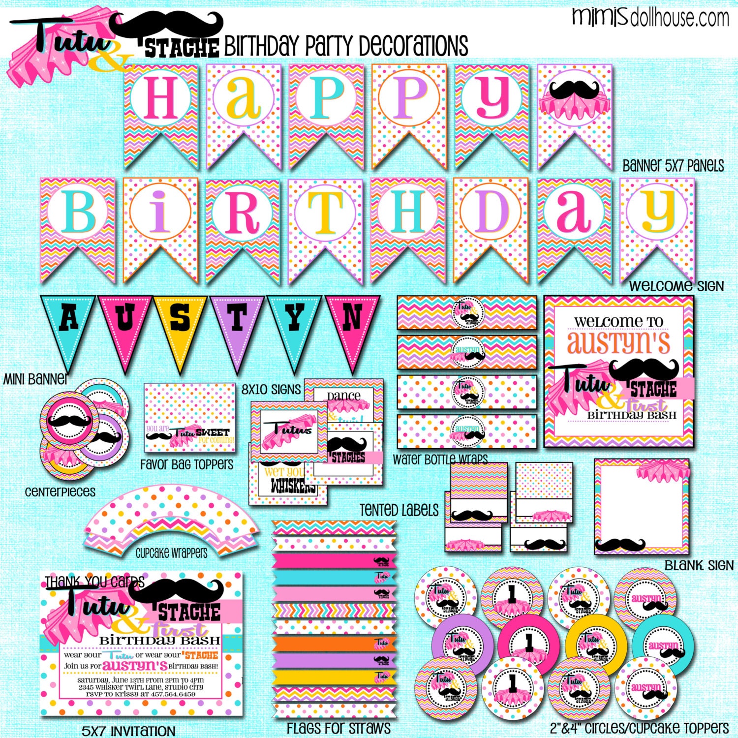 Tutu & Stache Decorations- Printable Tutu and Mustache Birthday Party Decorations-Tutu and Stache Bash Birthday Party PDF Il_570xn