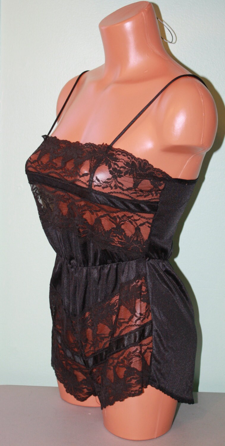 Vintage 80s Sexy Lace Teddy Romper Sheer Body Black Pinup Lingerie Small