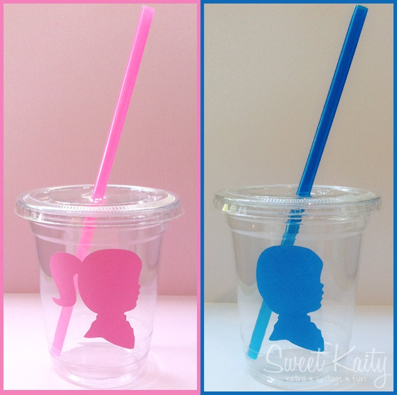 24 Gender Reveal Disposable Party Cups, Lids & Plastic Straws - Blue and Pink Silhouettes - Boy and Girl - Gender Reveal Party Il_570xn