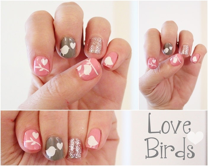 The Love Birds -Vinyl Nail Stickers  Pack of 50  -Birds, Branches, and Hearts - stickitvinyl