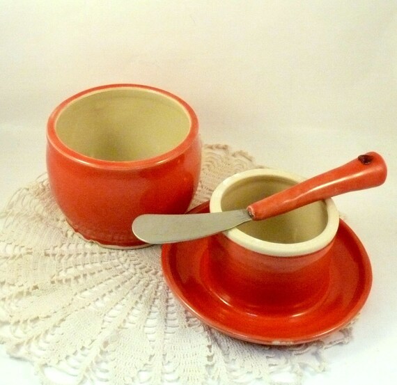 Red French Butter Dish butter keeper butter by BlueSkyPotteryCO