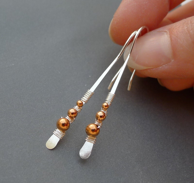 Sterling Silver Stick Earrings With Solid Copper Beads