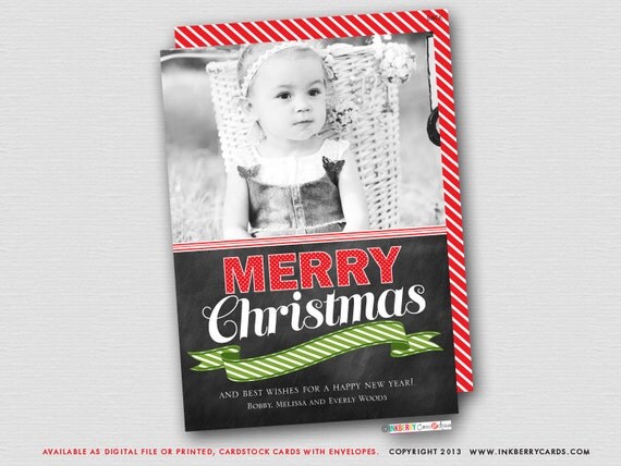 Chalkboard Striped Banner - Christmas Photo Card (Digital File OR Printed Cardstock Cards Are Available) Il_570xn