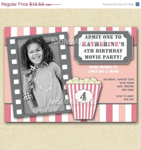 HOLIDAY SALE 10% off Pink and Girly Movie Night Birthday Photo Party Invitation - PRINTABLE Invitation Design Il_570xn