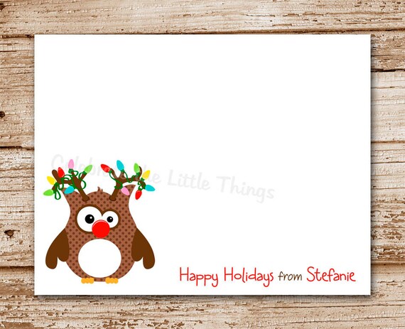 Set of 8 / Christmas Cards / Reindeer Owl Note Cards / Holiday / Personallzed Stationery / Rudolph Inspired Il_570xn