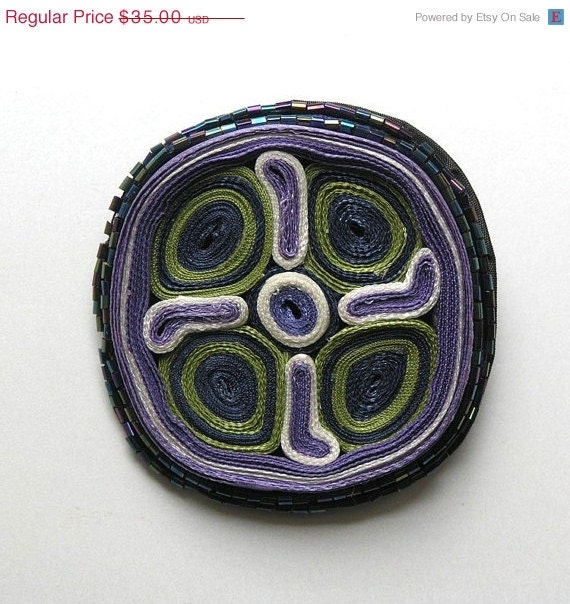 SALE Textile Brooch  Navy Lilac - Textile Jewelry Handmade -  Fiber Accessories - OOAK For Order - AudraTextileStudio
