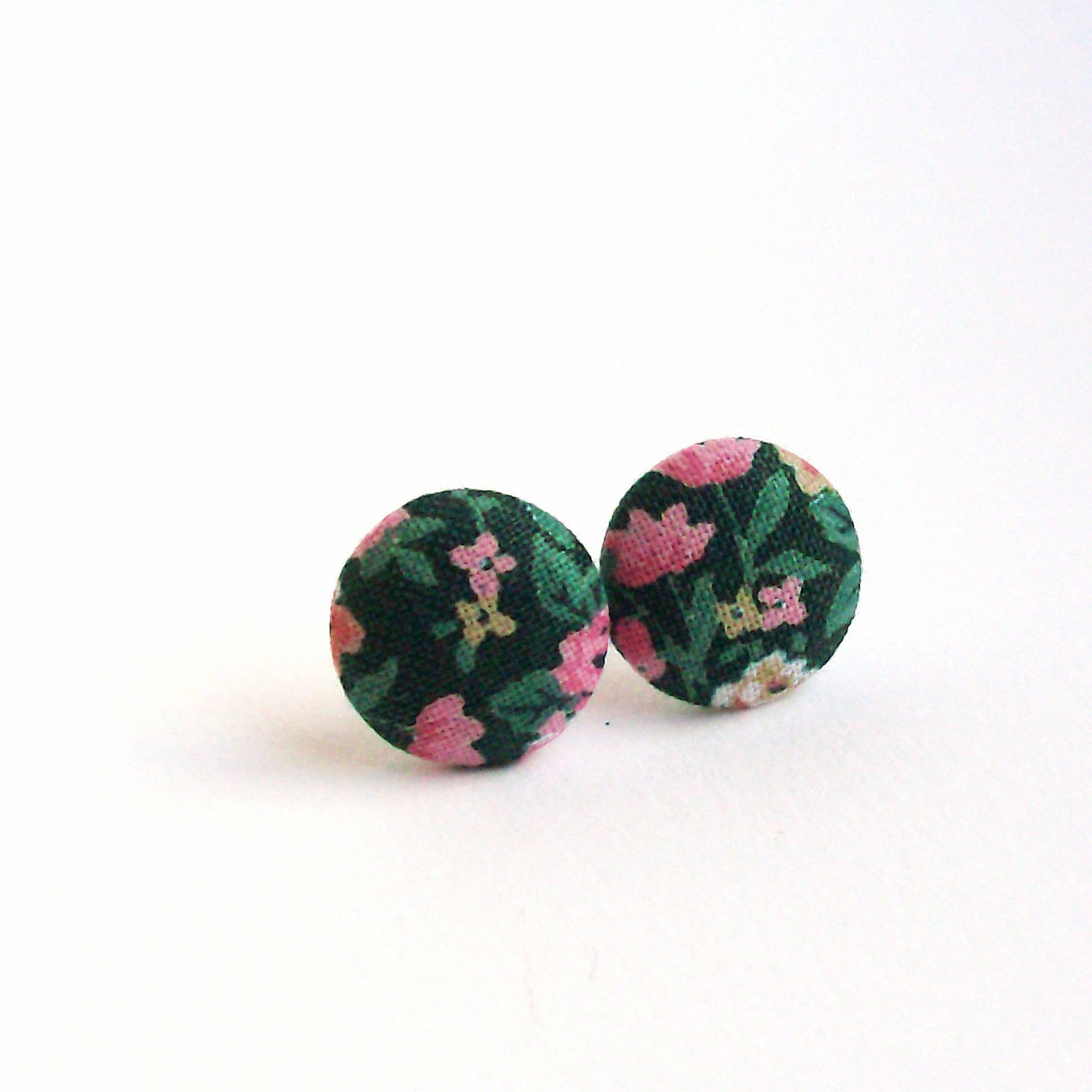 Green-Pink Floral Stud Earrings Fabric Covered Button Earrings - adrisboltja