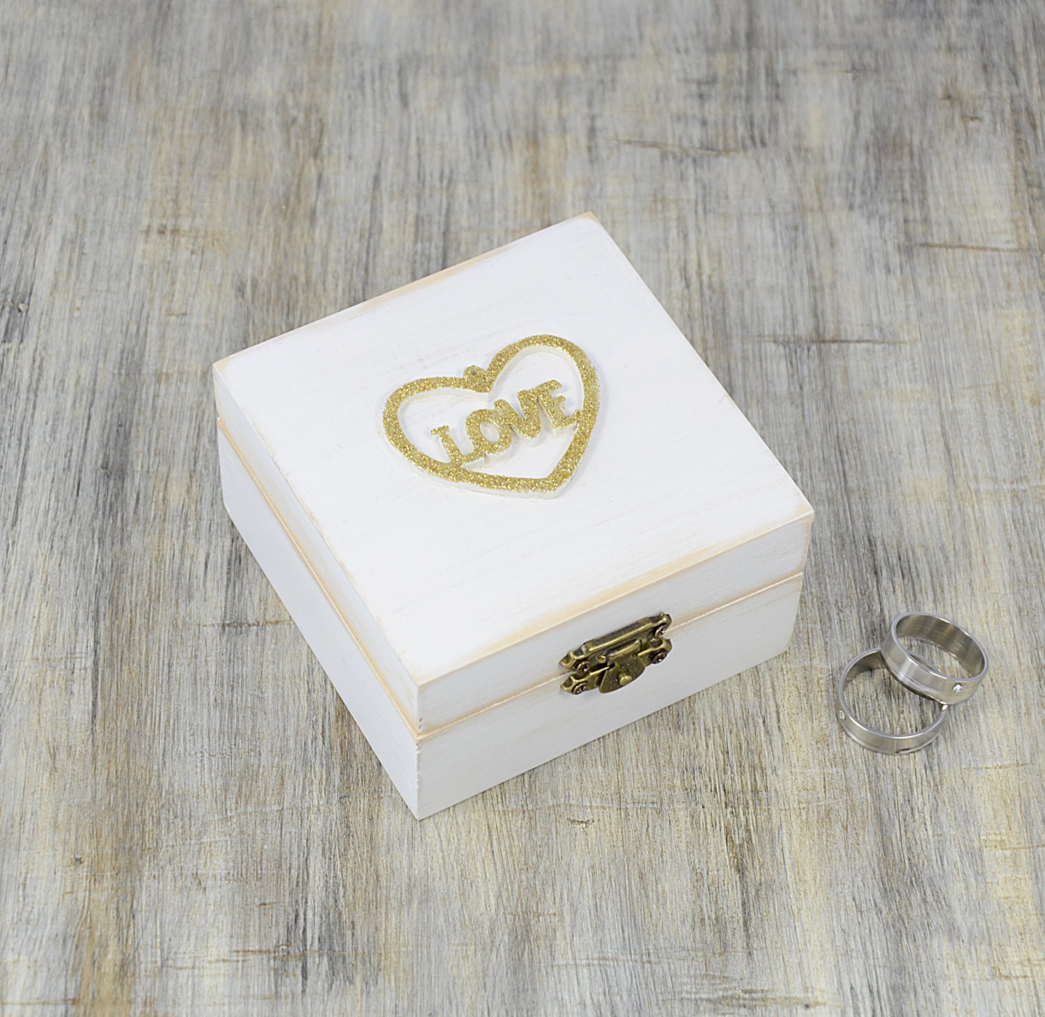 White Gold Ring Bearer Box , Love Wedding Box, Pillow Alternative, Distressed Wooden Jewelry Box, sparkly gold heart, ring bearer pillow - NataliaDecor