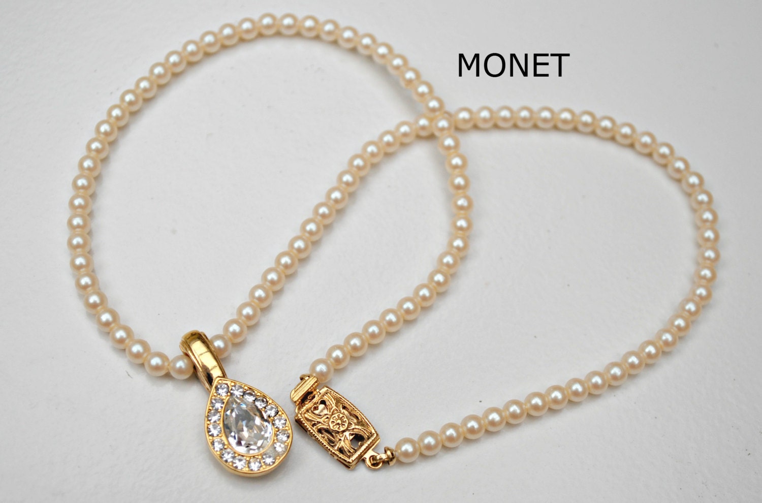 Vintage Monet Rhinestone Tear Drop Pendant And Pearl Necklace