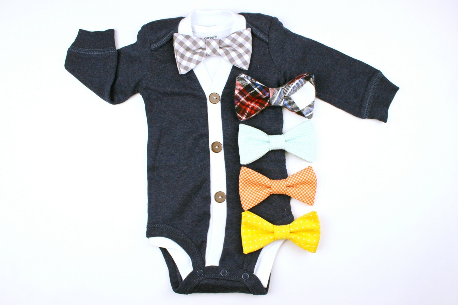 Navy Cardigan and Bow Tie Set - Grey Gingham or You Pick - cardigan onesies