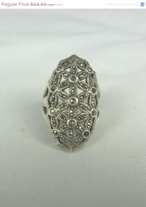 Vintage Sterling Silver Marcasite Ring 6 Floral Filigree Chunky
