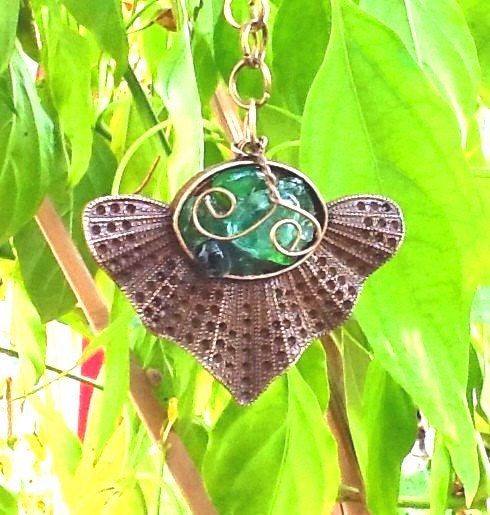 medieval unique bronze seaglass mosaic pendant necklace adorned with rose pearls - Thesnowrose