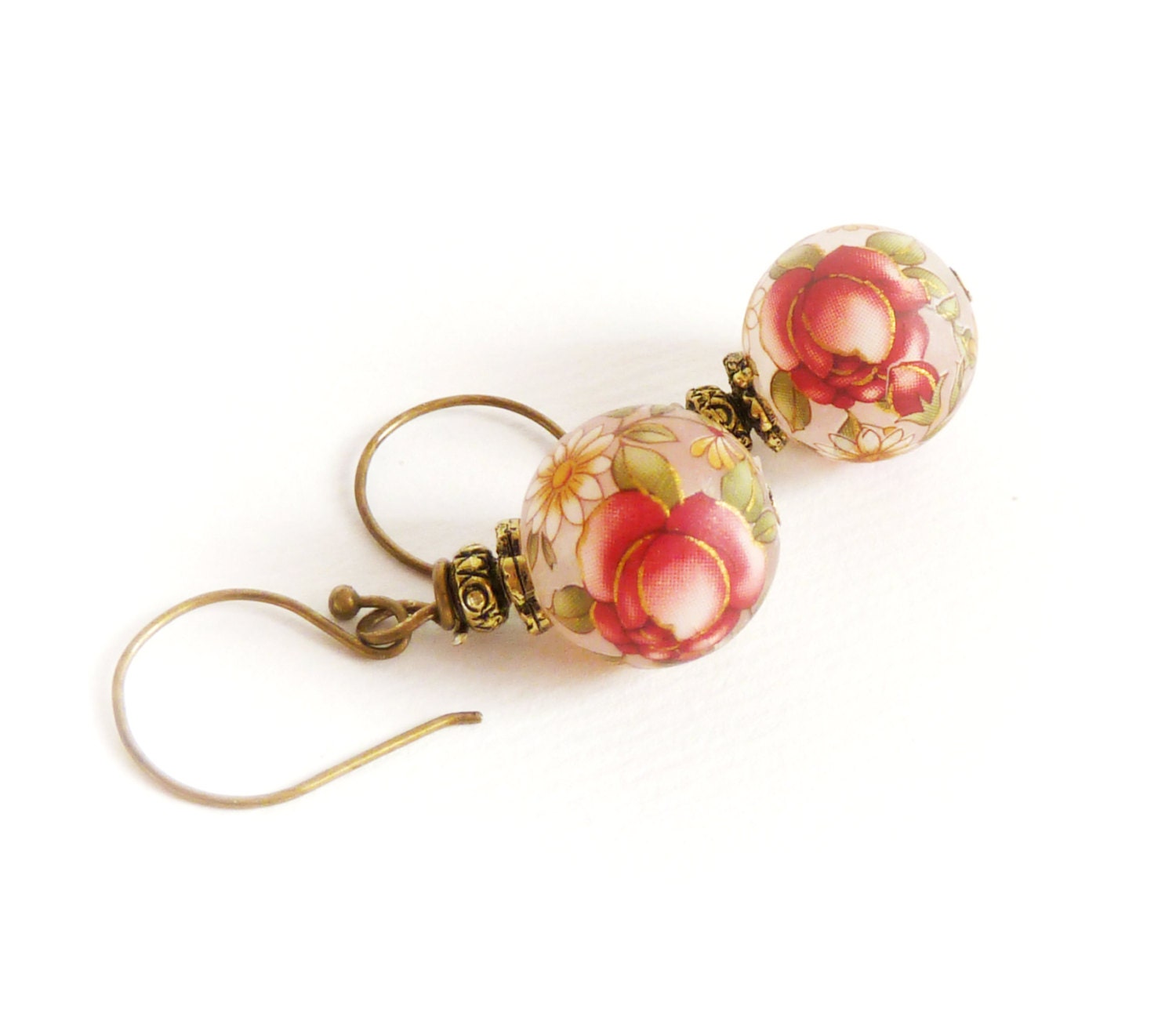 Beige Flower Earrings,Beige Earrings,Bronze Earrings,Dangle Earrings,Painted Beads,Boho Earrings,Beaded Earrings,Rose Flower Earrings,Unique - NaTavelli