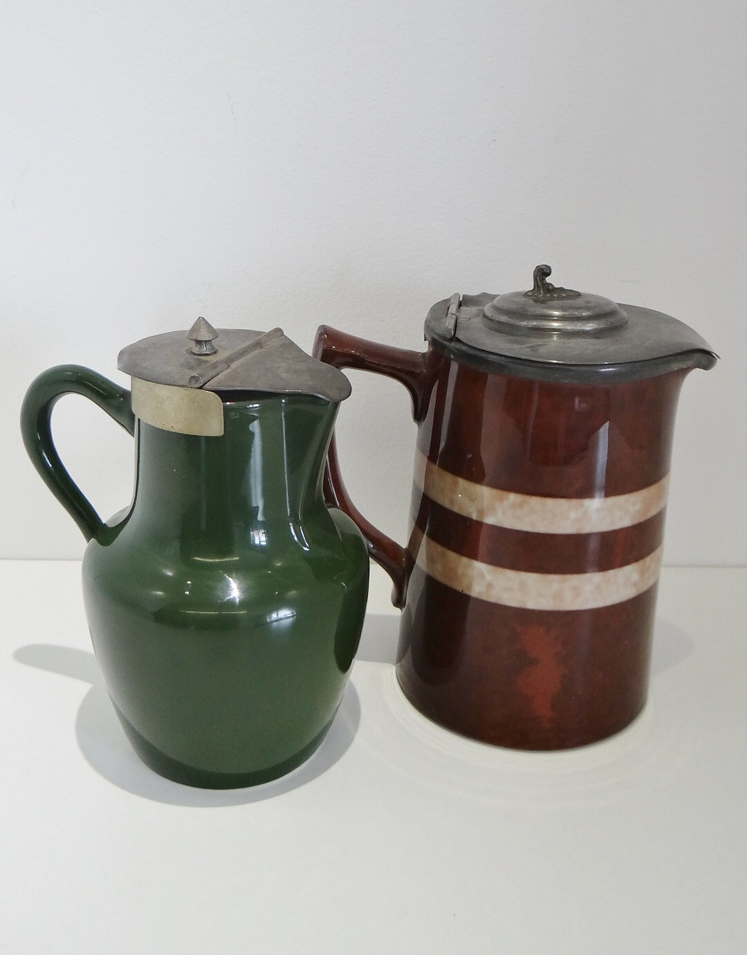 Vintage Earthenware Pitchers Milk Water Jugs With Pewter Lids