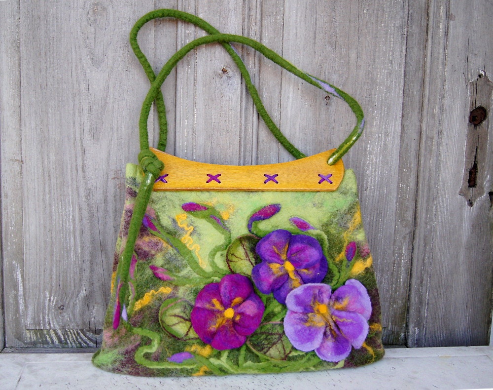 Unique felted bag with 3D flowers with wooden vintage handles bags, designer's purse, nuno felted on silk fabric. OOAK - filcAlki