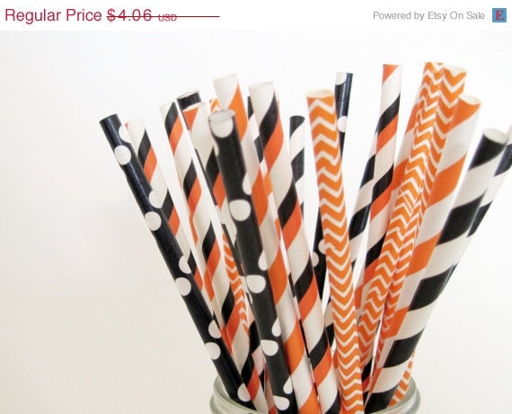 Cyber Week SALE 10% OFF 25 Black and Orange Halloween Paper Straw Mix - Stripe, Chevron & Dot - ships less than 24 hours Il_570xn