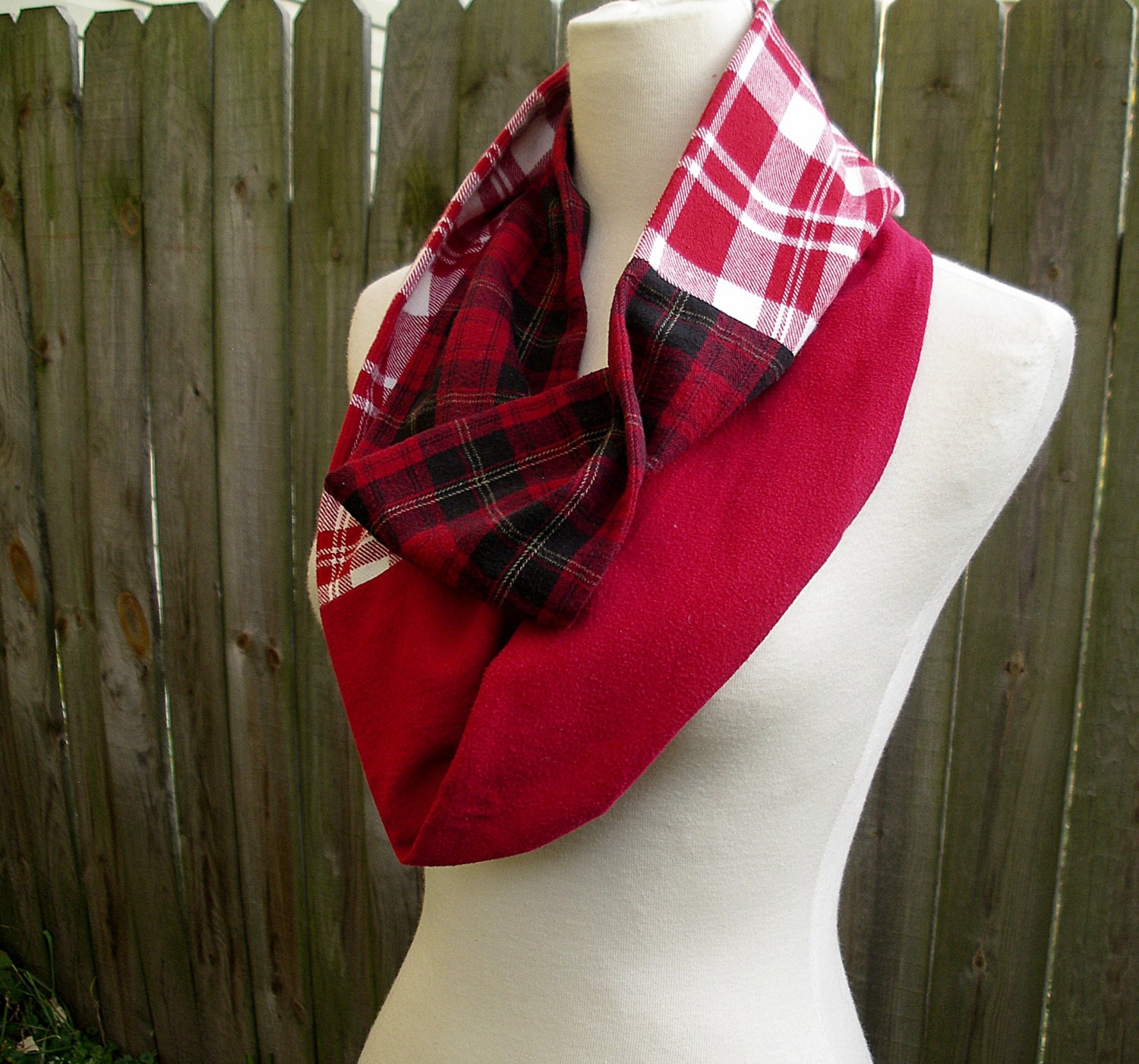 Red Plaid Flannel Infinity Scarf Soft Lagenlook Eco Upcycled Artsy Block Boho chic