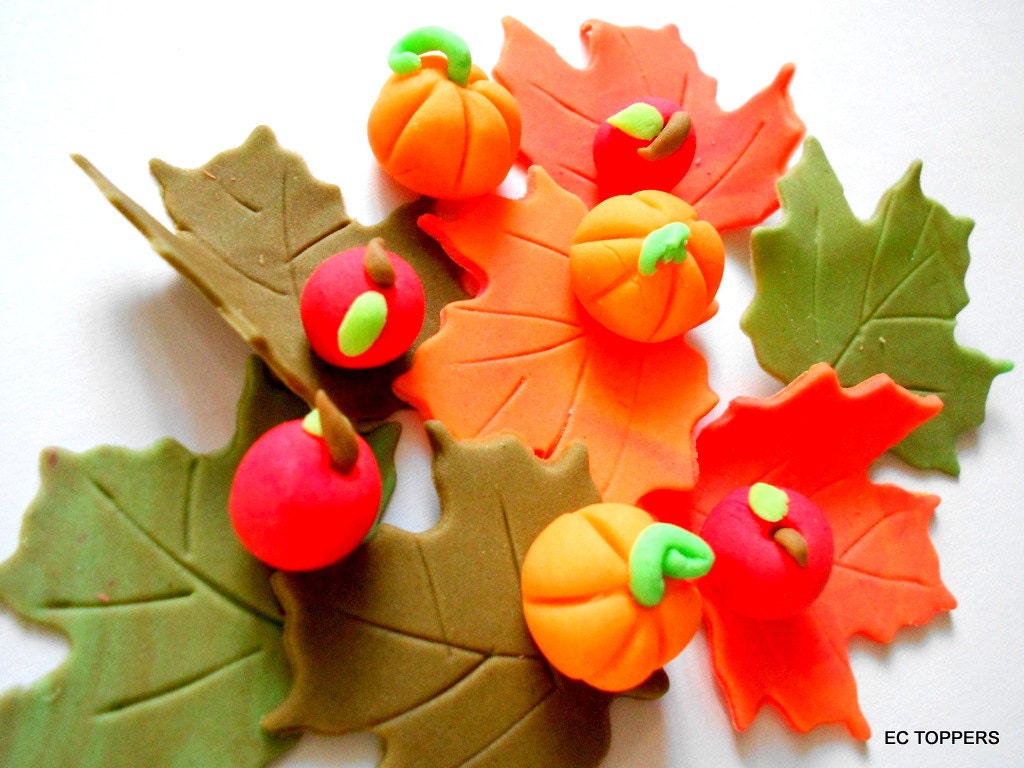 24 pcs Fall leaves pumpkins and apple Fondant Toppers - ECTOPPERS 24 pcs Fall leaves pumpkins and apple Fondant Toppers - ECTOPPERS