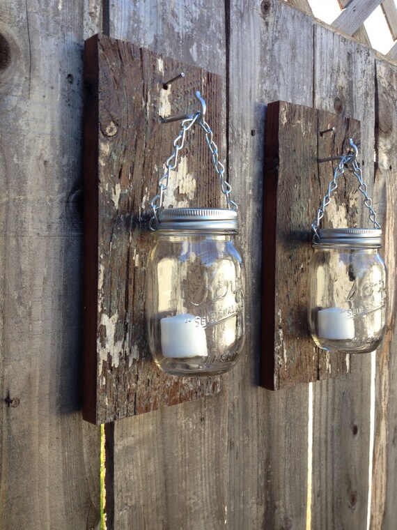 Rustic barn wood mason jar sconces. by Thesalvagednail on Etsy
