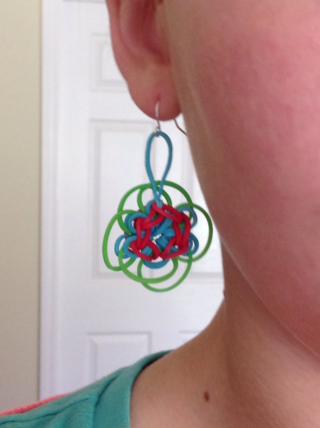 Items similar to Rainbow Loom Earrings Fuschia, Lime, Blue Handmade
