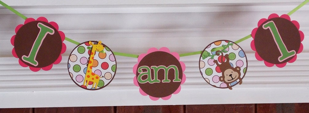 Safari Jungle 1st Birthday High Chair Banner ... READY TO SHIP ... includes 2 die cuts ... Pink Brown green ... monkey giraffe ...adjustable Il_570xn