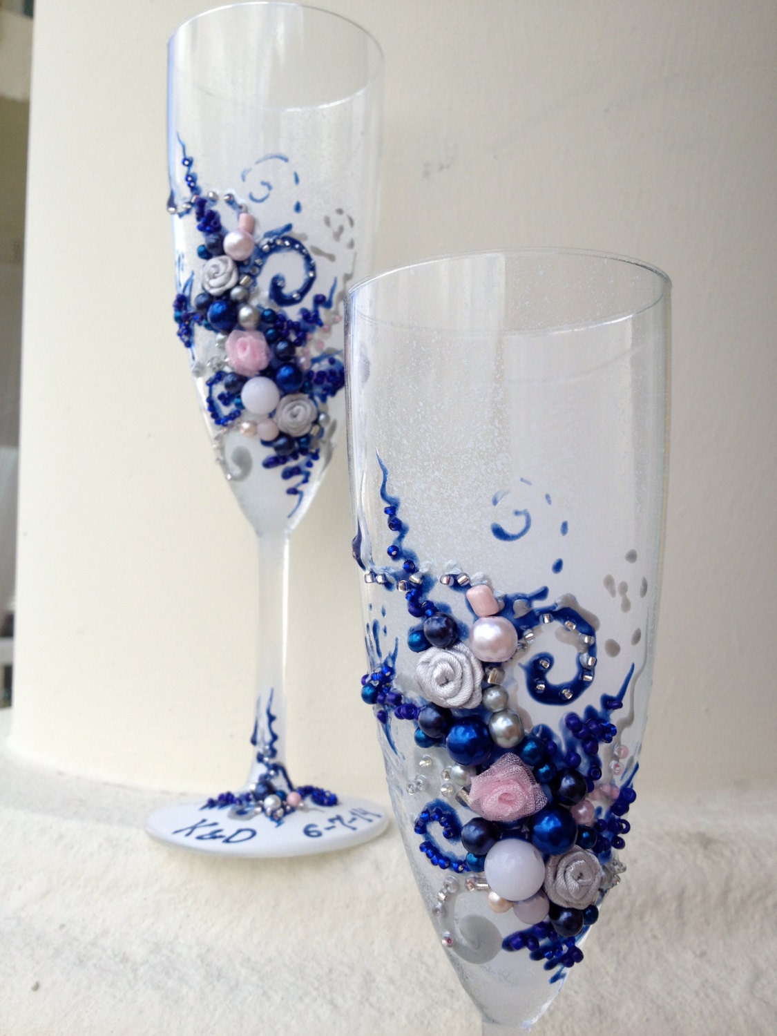 Wedding champagne glasses hand decorated with by PureBeautyArt