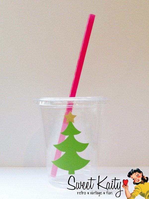 24 Vintage Christmas Tree Party Cups, Lids, and Plastic Straws - 12 oz or 16 oz - Vinyl Tree Decal with Metallic Gold Star - Holiday Party Il_570xn