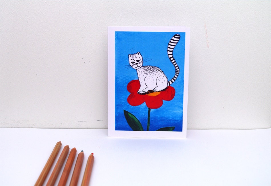 WHITE CAT card / Funny birthday card for cat lover / Happy birthday greeting card with animal / Gift idea / Cat and red flower painting - AstaArtwork