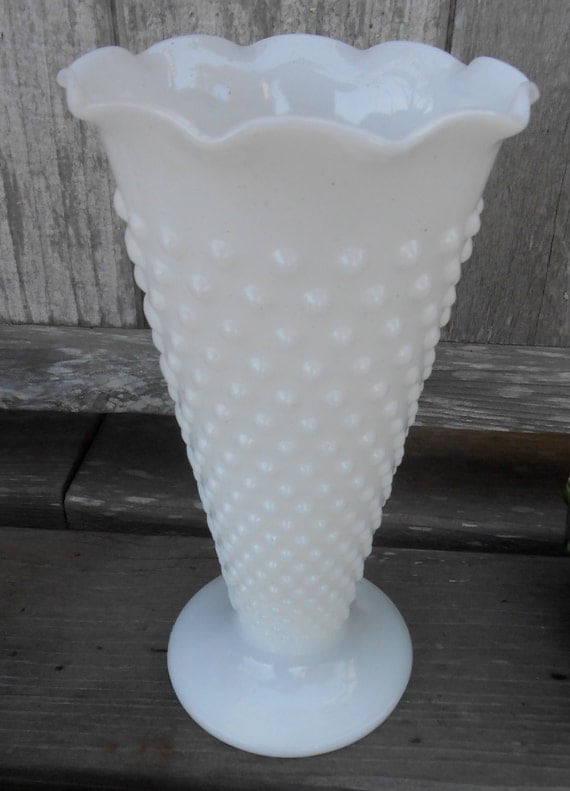 Vintage hobnail vase white milk glass fluted top by ClassicCrow
