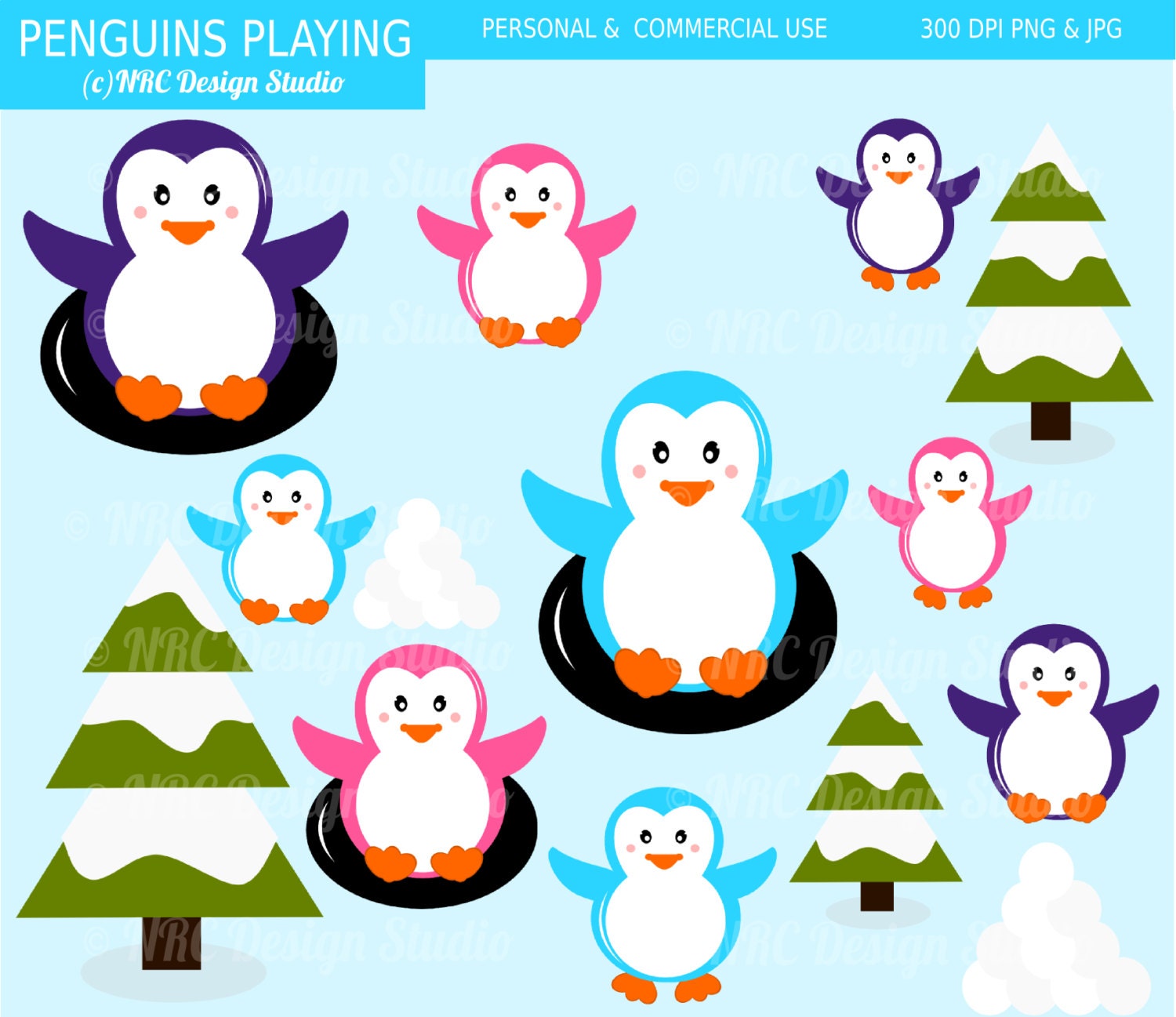 Christmas Clip Art - Penguins Playing Clip Art - Digital Christmas Clipart Il_570xn