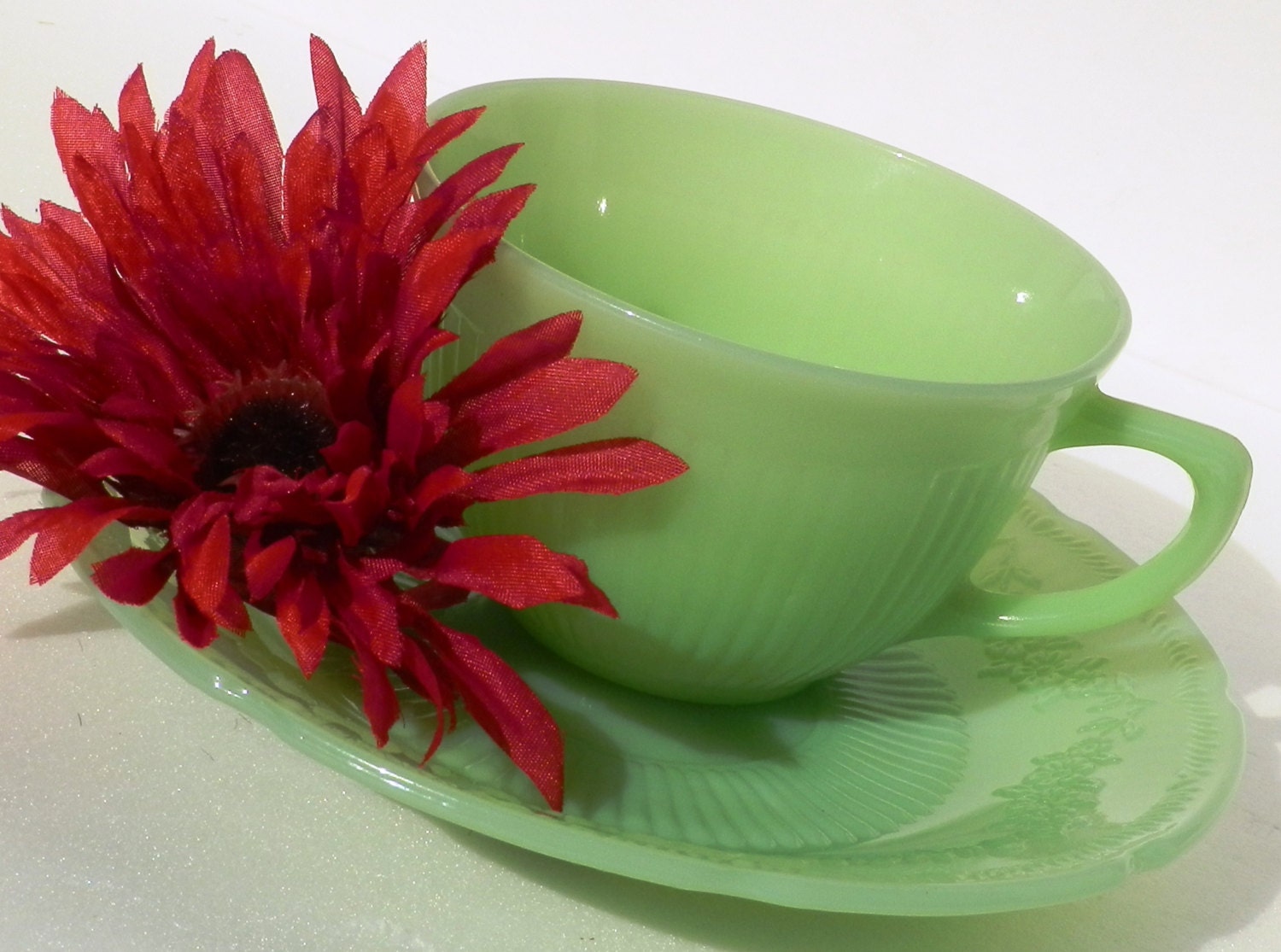 Vintage Fire King Jadeite Green Cup and Plate Set Alice Pattern - RenewedFinds