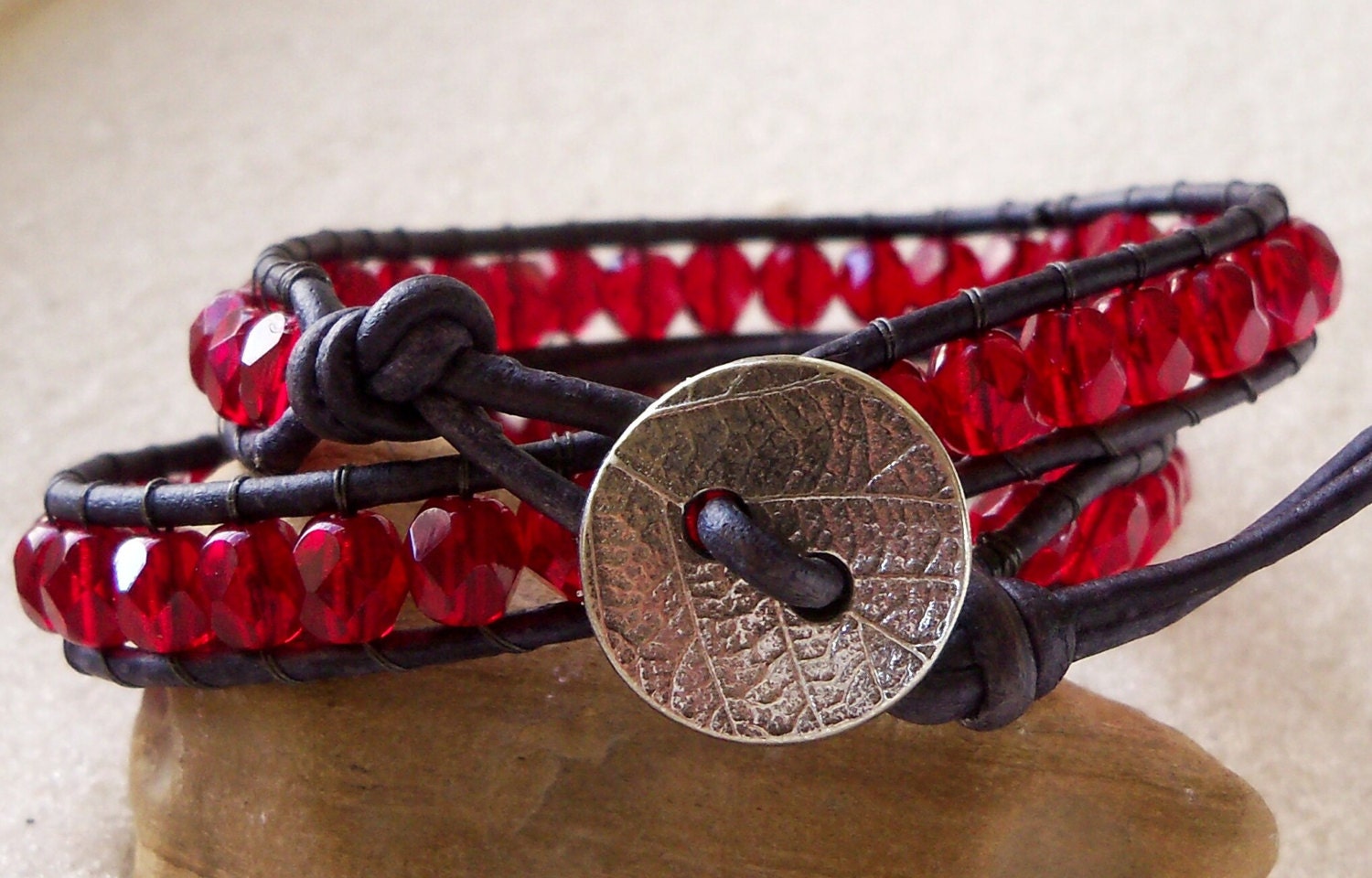Black and Red Double Wrapped Leather and Bead Bracelet, Czech Glass - mompotter