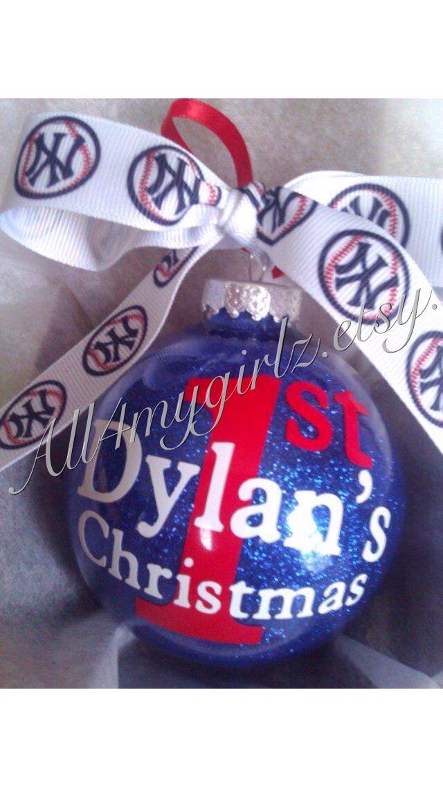 Christmas Ornament Personalized Baby's First Christmas 4" Glass Glitter with Bow Ribbon